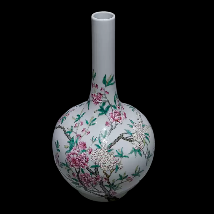 Chinese Antique Long-necked Vase With Hand-painted Peach Blossoms