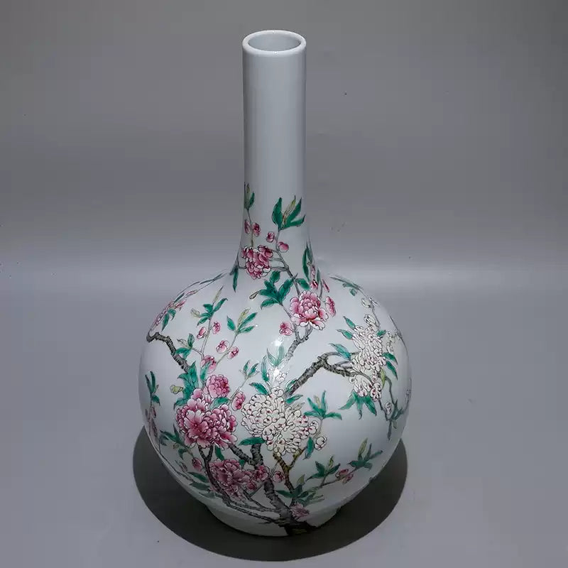 Chinese Antique Long-necked Vase With Hand-painted Peach Blossoms