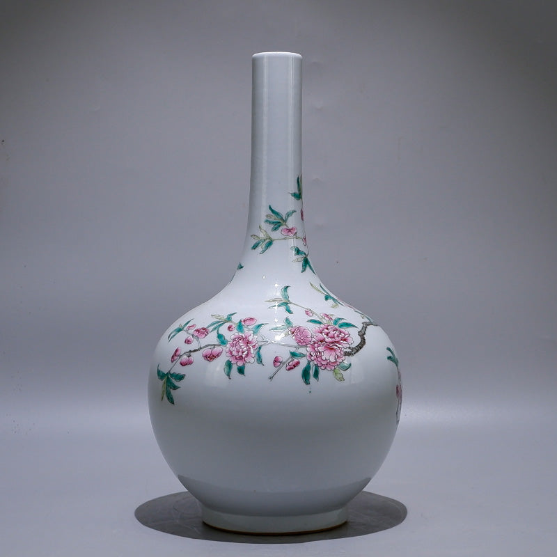 Chinese Antique Long-necked Vase With Hand-painted Peach Blossoms