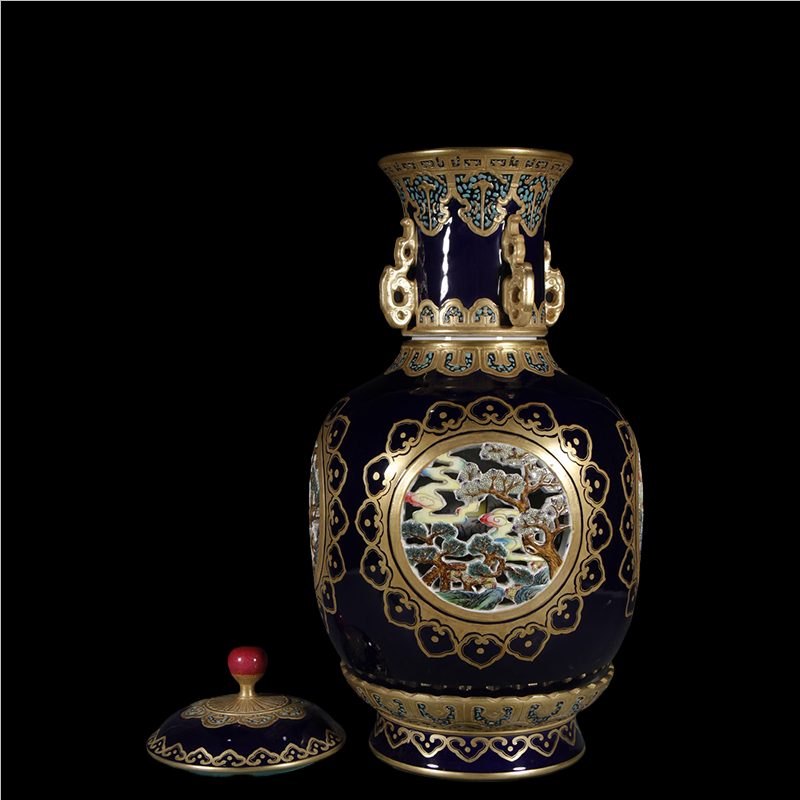 Chinese Antique Porcelain Sacrificial Bottle With Blue-Ground Gold-painted