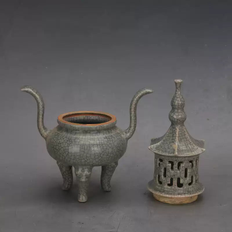 Chinese Blue Glaze Open Slice Double Ear Alchemy Furnace