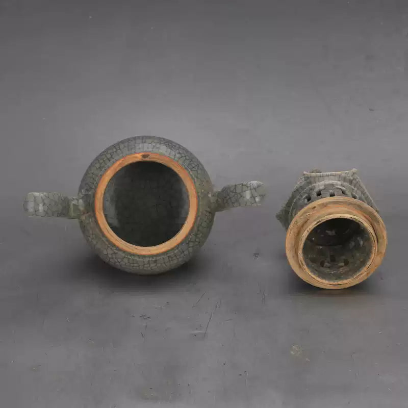 Chinese Blue Glaze Open Slice Double Ear Alchemy Furnace