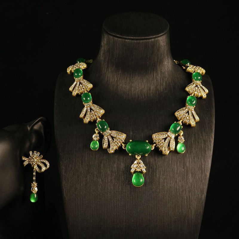 Vintage full-diamond bowknot green glass necklace and earring set 