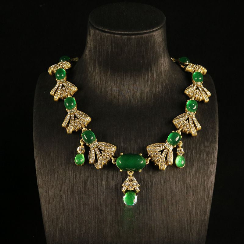 Vintage full-diamond bowknot green glass necklace and earring set 