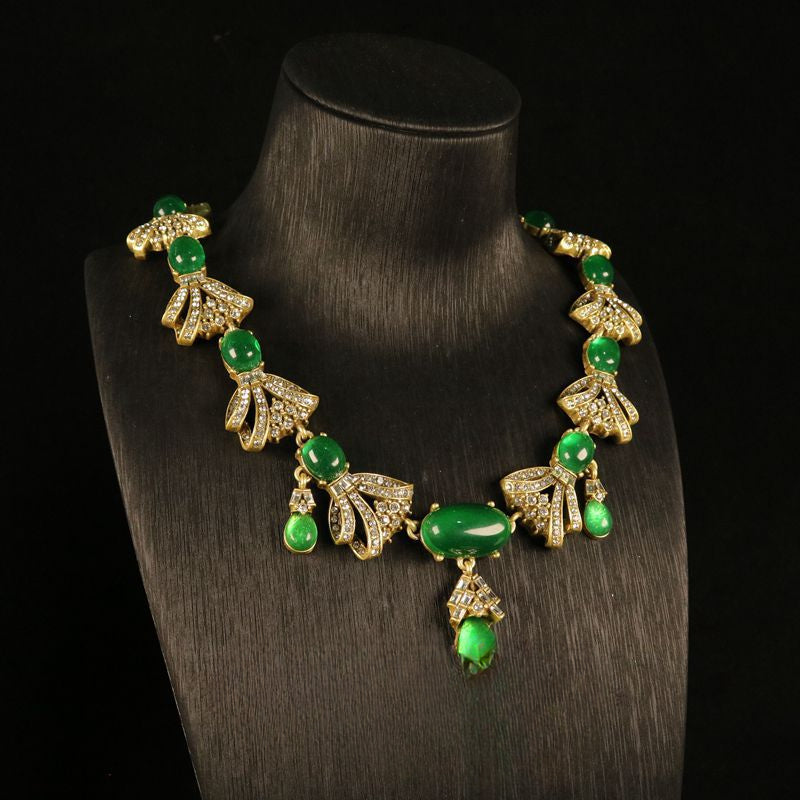 Vintage full-diamond bowknot green glass necklace and earring set 