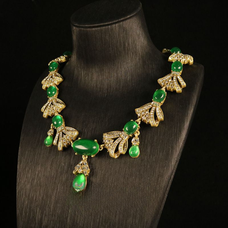 Vintage full-diamond bowknot green glass necklace and earring set 