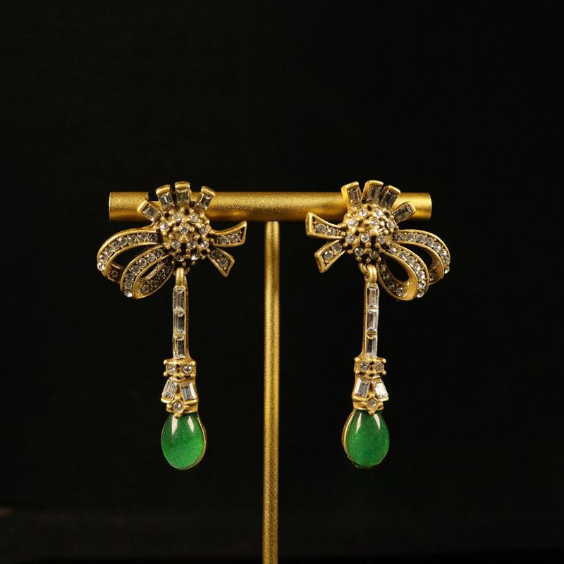 Vintage full-diamond bowknot green glass necklace and earring set 