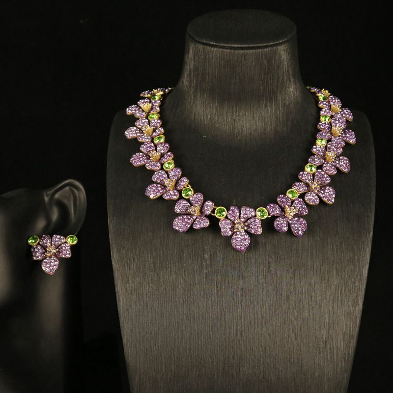 Vintage jewelry set of purple flower jewelry necklace and earrings