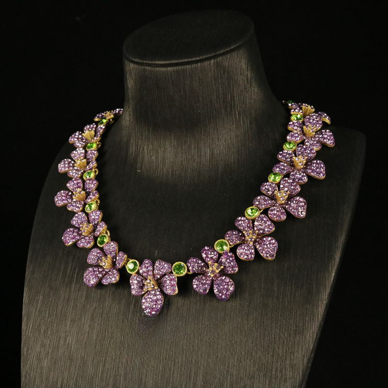 Vintage jewelry set of purple flower jewelry necklace and earrings