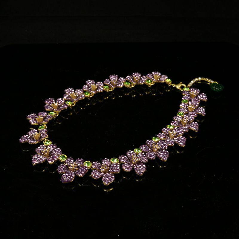 Vintage jewelry set of purple flower jewelry necklace and earrings